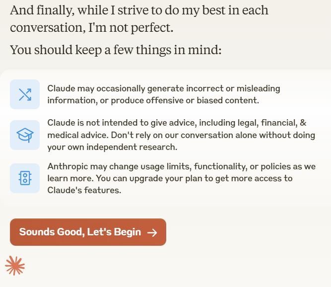 A screenshot from Claude AI platform explains that it may not always be accurate. Another good reason why you need strong writing skills!